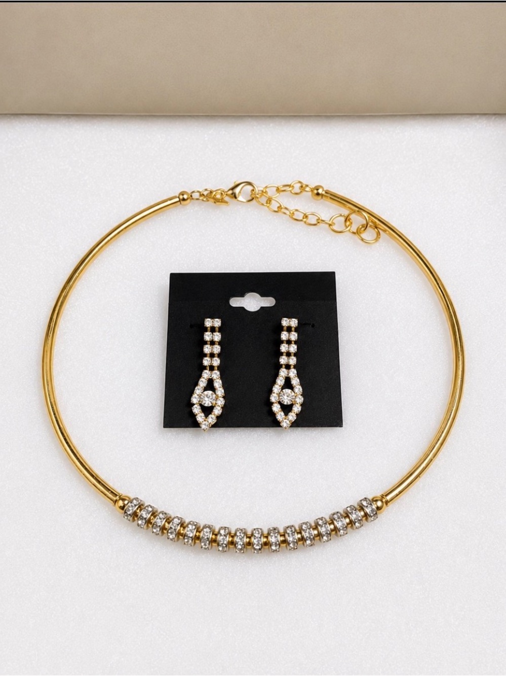 Gold Tone Rhinestone Necklace & Dangle Earrings Set Wedding Prom Formal Jewelry